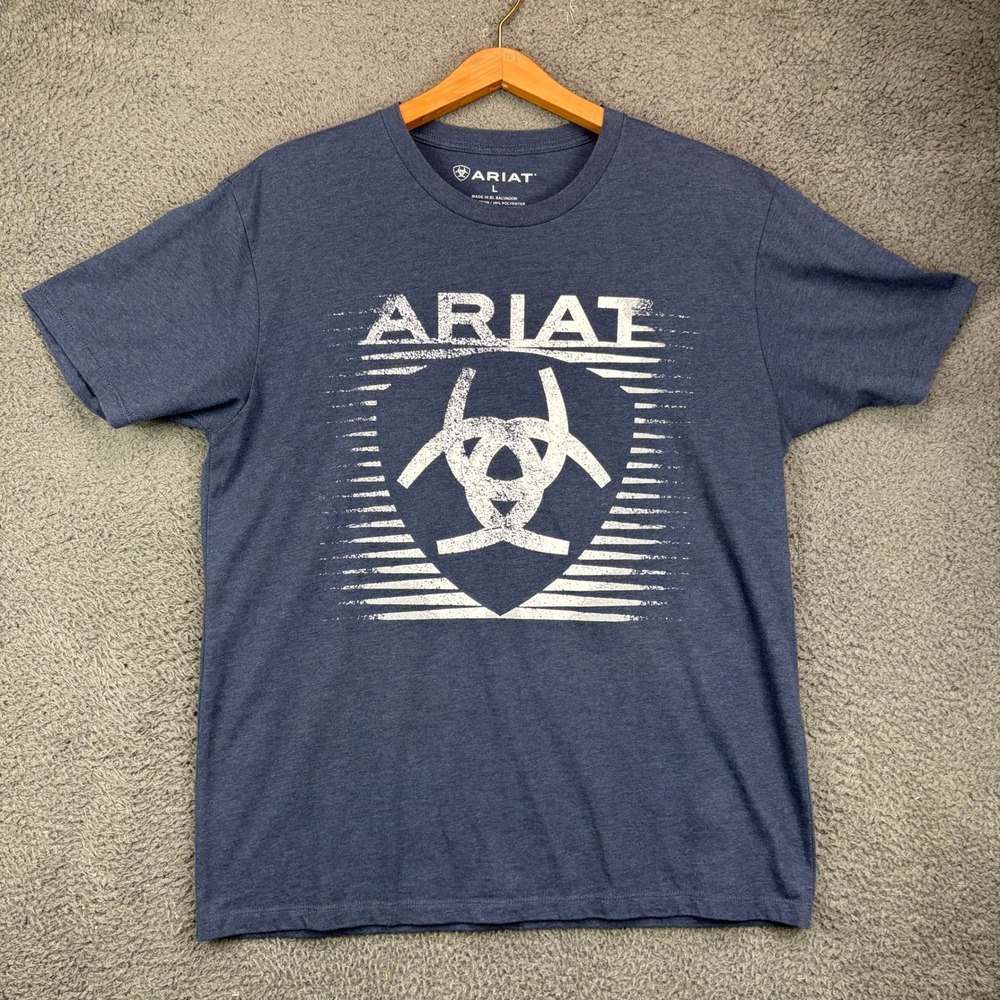 Ariat Mens Large Blue Heather Graphic Logo Short Sleeve T-Shirt Cotton Blend‎